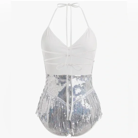 Bodysuit Leotard Sexy, Sequins Fringe large silver christmas new year party - Picture 2 of 9